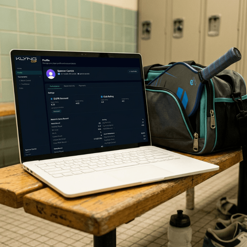 Player profile showing DUPR ratings and match record on laptop